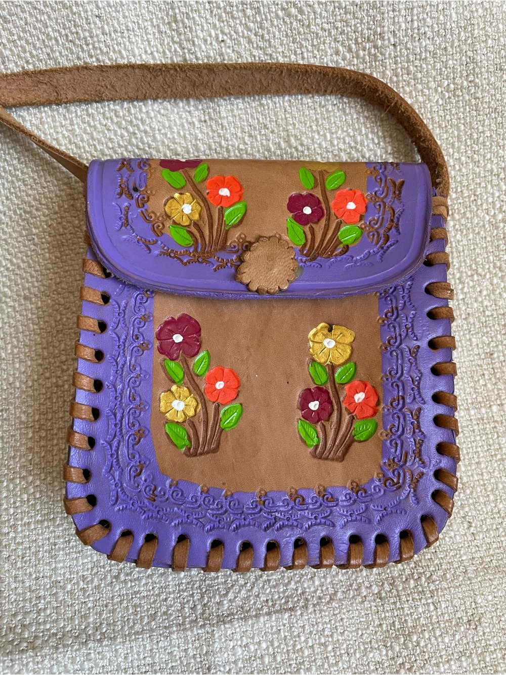 Artisan Handtooled Floral Leather Crossbody Mini Bag in Tan and Purple Mexico